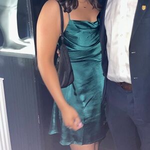 Hello Molly Emerald Flowy Mini Dress with Spaghetti Straps and Ruched Bodice